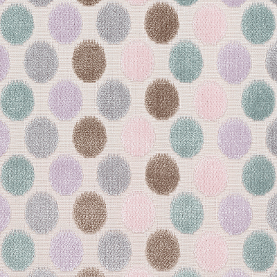 A white sample of velvet woven fabric from the City Modern Collection with round brown, purple, pink and green patterns.