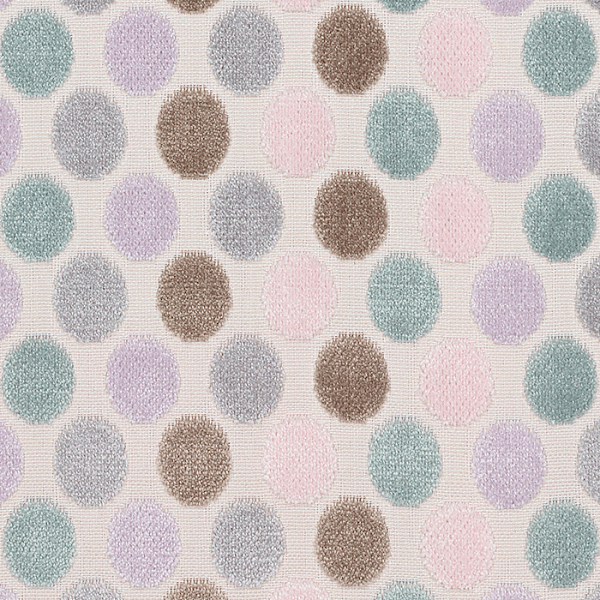 A white sample of velvet woven fabric from the City Modern Collection with round brown, purple, pink and green patterns.